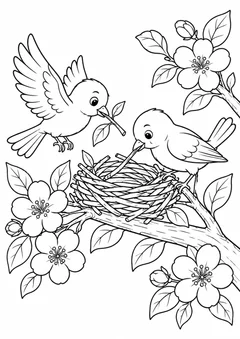 Passarinhos construindo ninho entre flores para colorir