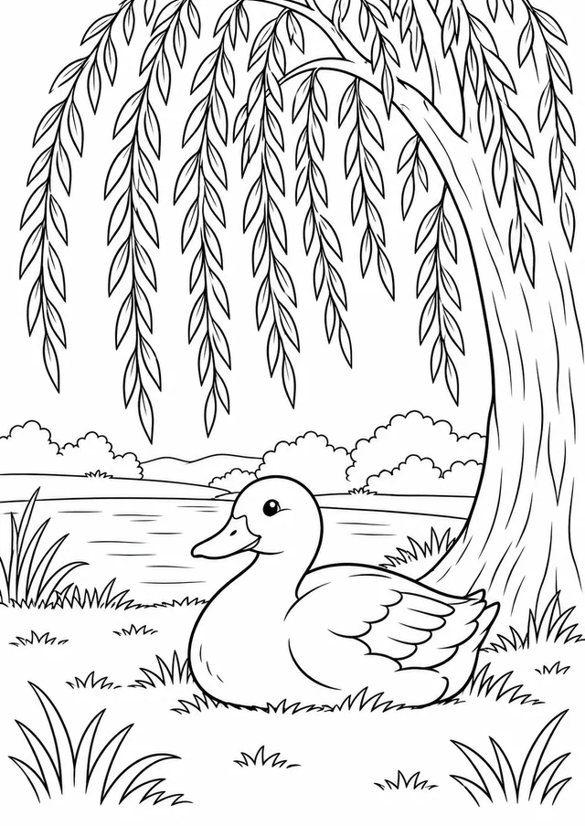 Pato descansando sob um salgueiro para colorir