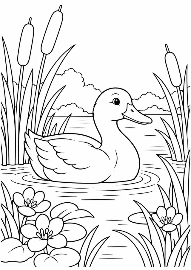 Pato entre juncos e flores para colorir
