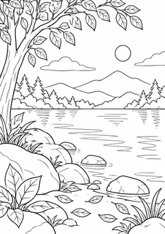 Pedras e folhas à beira do lago para colorir