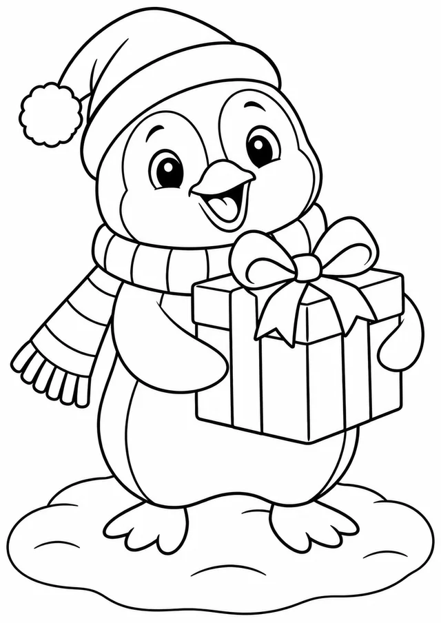 Pinguim com presente de Natal para colorir