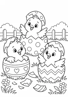 Pintinhos saindo de ovos decorados para colorir