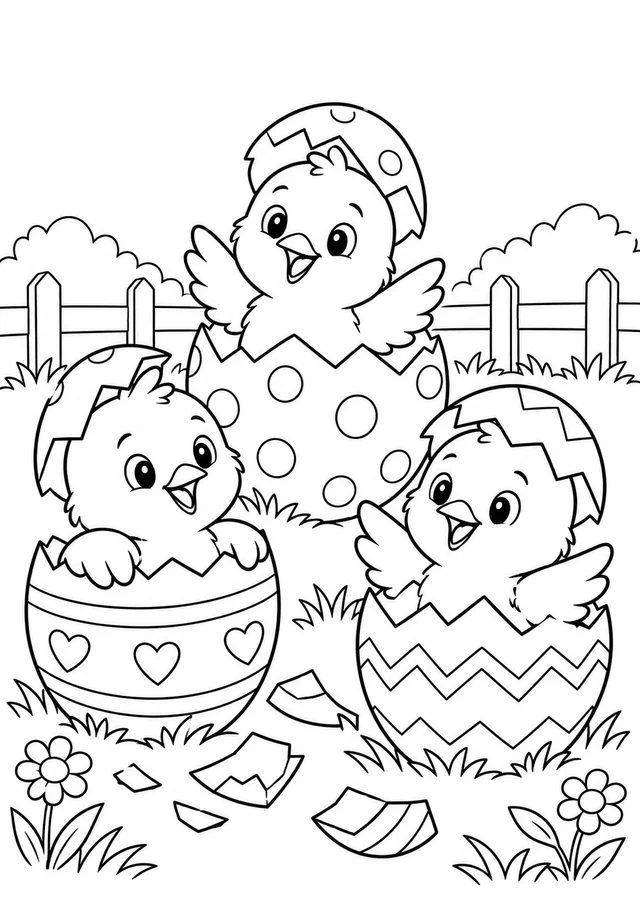 Pintinhos saindo de ovos decorados para colorir