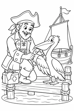 Pirata ajudando um pelicano junto ao cais para colorir