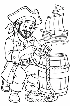 Pirata aprendendo um nó com cordas largas para colorir