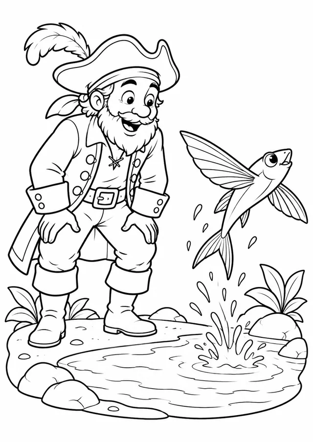 Pirata observando um peixe-voador para colorir