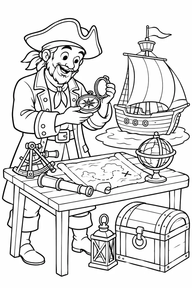 Pirata organizando instrumentos de navegação para colorir