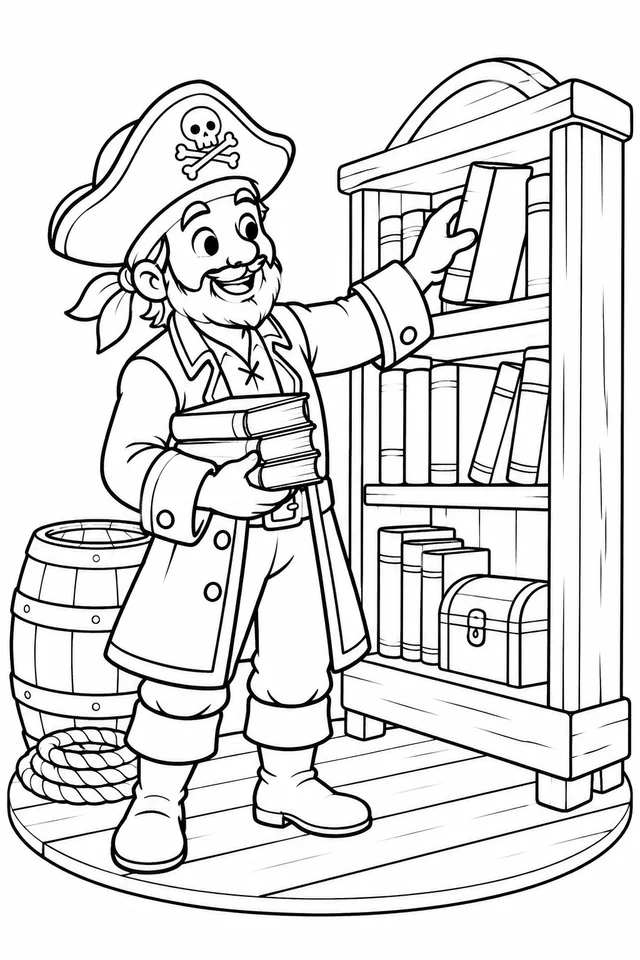 Pirata organizando livros numa estante de bordo para colorir