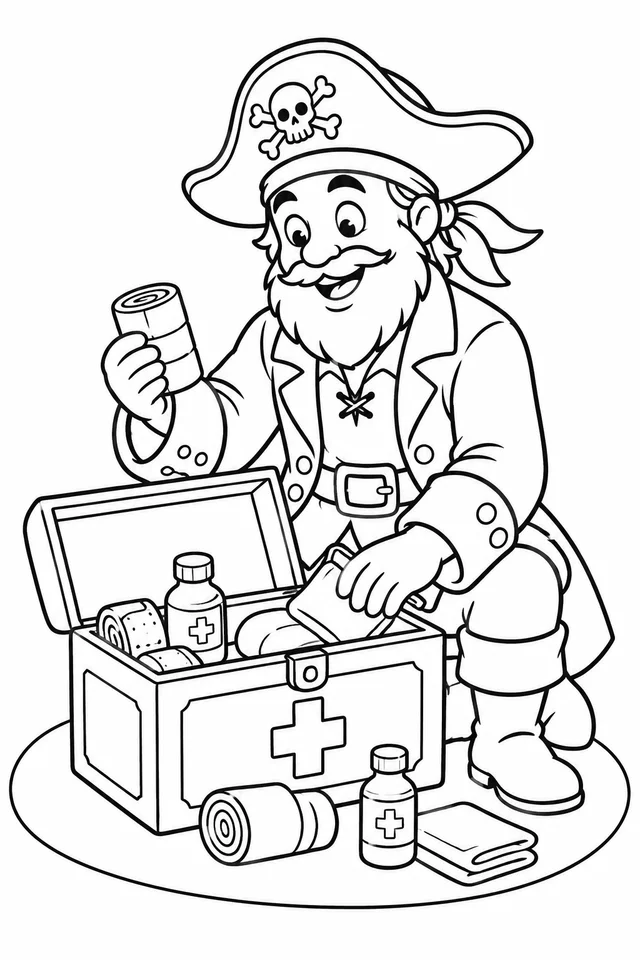 Pirata preparando uma caixa de primeiros socorros para colorir