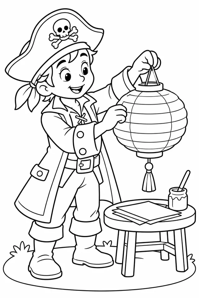 Pirata preparando uma lanterna de papel para colorir