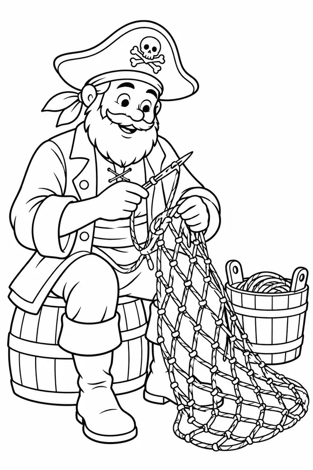Pirata remendando uma rede vazia para colorir