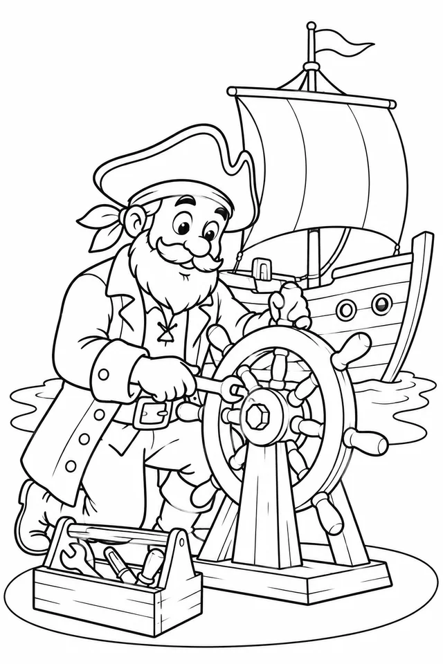 Pirata restaurando o leme do barco para colorir