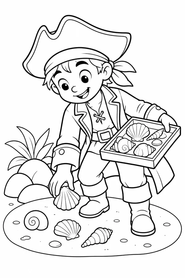 Pirata reunindo conchas numa bandeja para colorir
