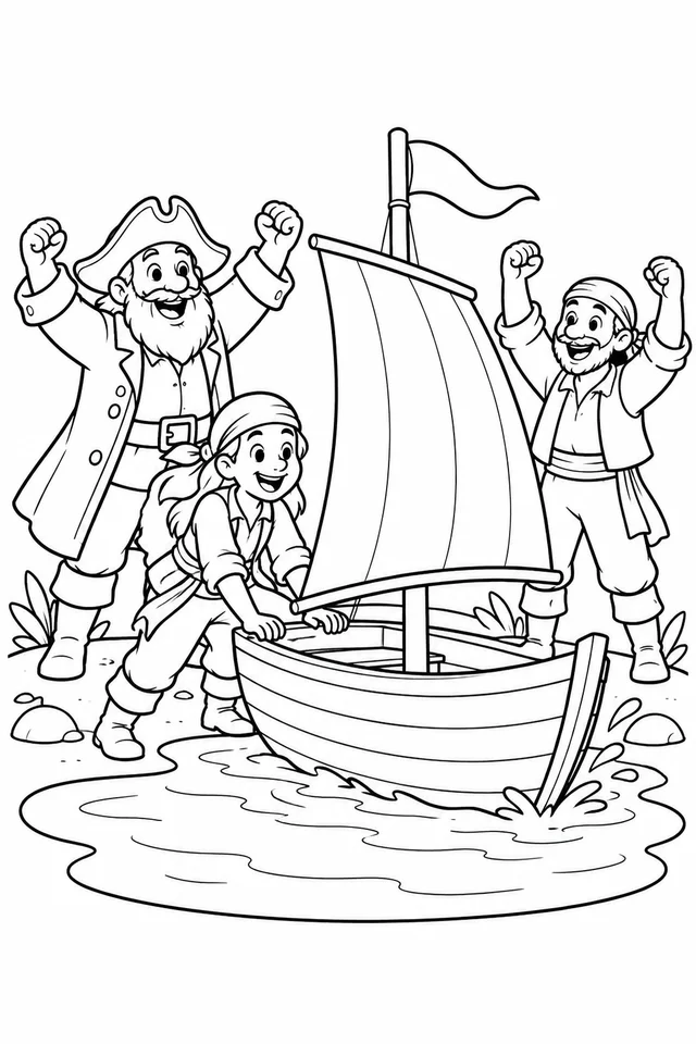 Piratas comemorando o lançamento de um pequeno barco para colorir