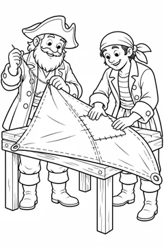 Piratas consertando a vela para colorir