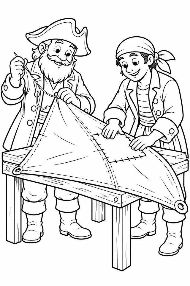 Piratas consertando a vela para colorir