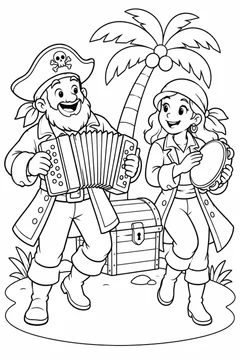 Piratas fazendo música com sanfona e pandeiro para colorir
