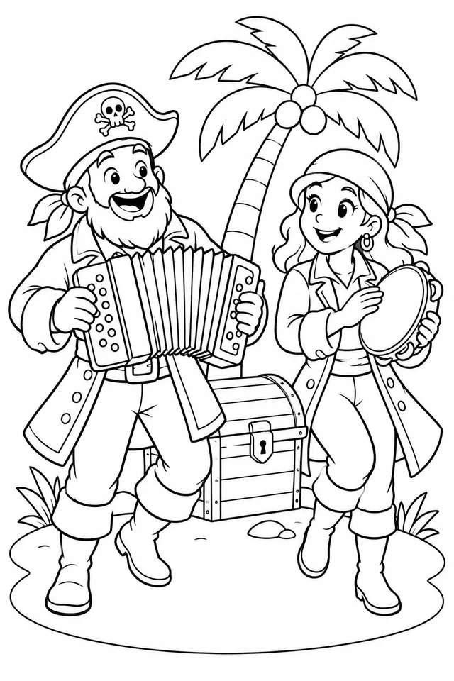 Piratas fazendo música com sanfona e pandeiro para colorir