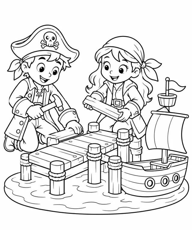 Piratas montando um cais de brinquedo para colorir