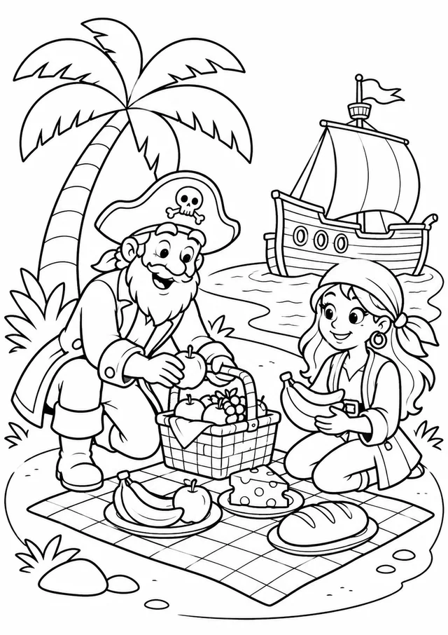 Piratas preparando um piquenique na ilha para colorir
