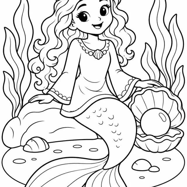 Princesa sereia com coroa de conchas para colorir