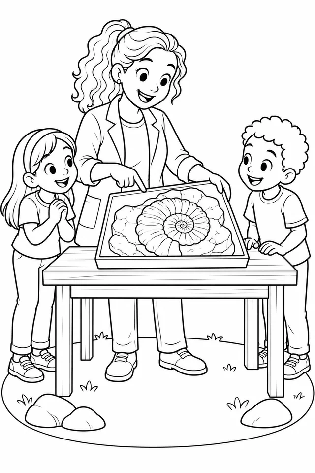 Professor mostrando um fóssil grande numa bandeja para colorir