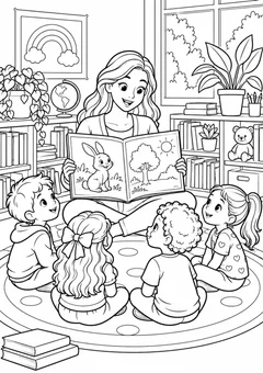 Professora contando histórias para colorir