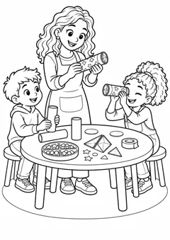 Professora ensinando a construir um caleidoscópio para colorir