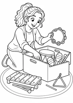 Professora preparando uma caixa de instrumentos musicais para colorir