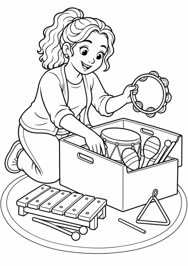 Professora preparando uma caixa de instrumentos musicais para colorir