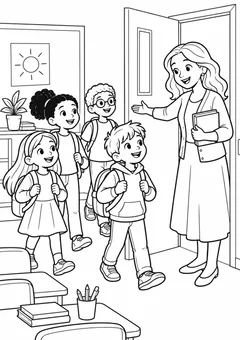 Professora recebendo uma turma diversa para colorir