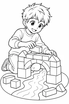 Rapaz construindo uma ponte de blocos em estilo anime para colorir