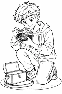 Rapaz examinando uma câmera antiga em estilo anime para colorir