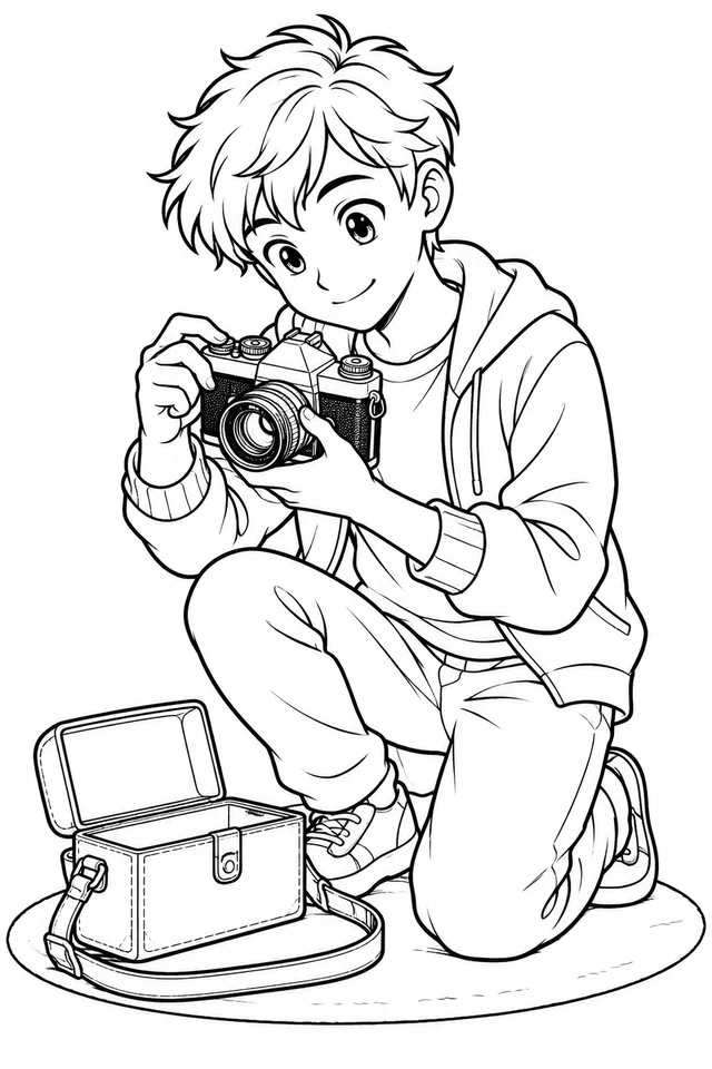 Rapaz examinando uma câmera antiga em estilo anime para colorir