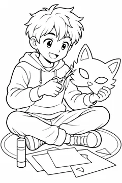 Rapaz fazendo uma máscara de papel em estilo anime para colorir