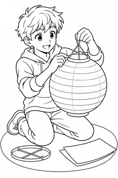 Rapaz montando uma luminária de papel em estilo anime para colorir