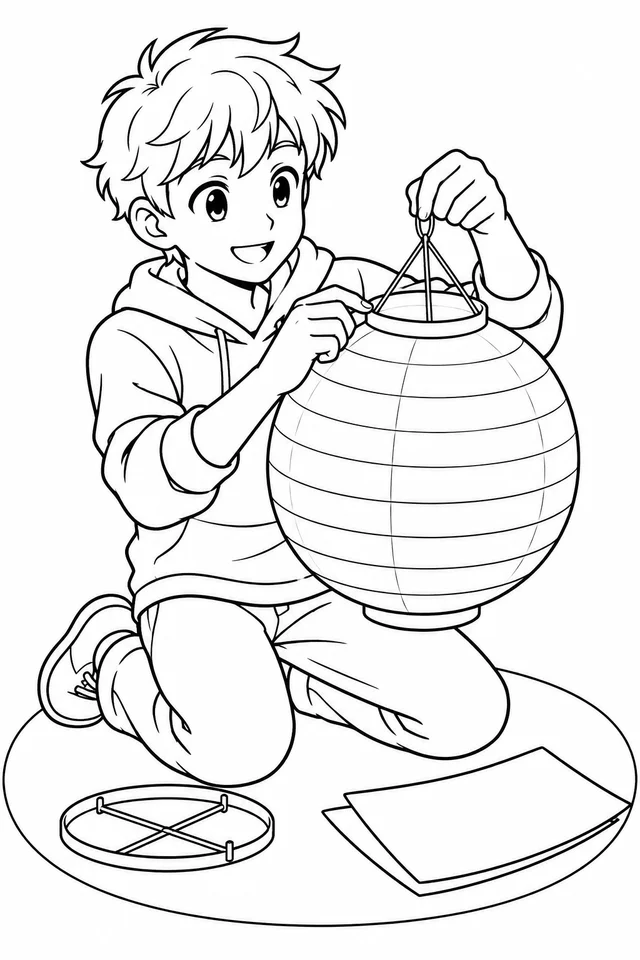 Rapaz montando uma luminária de papel em estilo anime para colorir