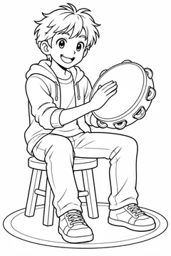 Rapaz tocando um pandeiro de moldura larga em estilo anime para colorir