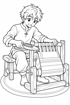 Rapaz trabalhando num tear de madeira em estilo anime para colorir