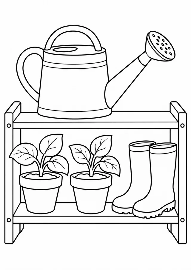 Regador e botas no cantinho da escola para colorir