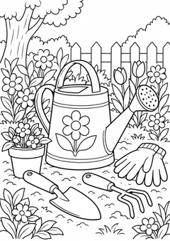 Regador e ferramentas num jardim florido para colorir