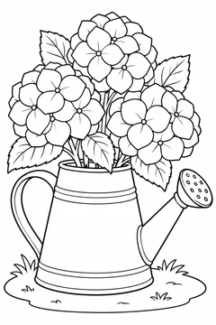 Regador transformado em vaso de hortênsias para colorir