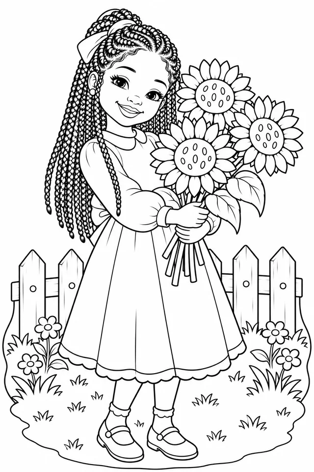 Retrato com tranças e girassóis para colorir