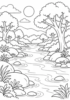 Rio entre árvores de formas arredondadas para colorir