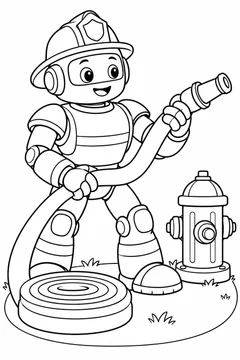 Robô bombeiro desenrolando uma mangueira larga para colorir