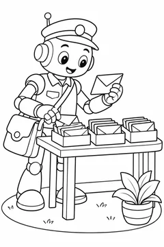 Robô carteiro organizando envelopes para colorir