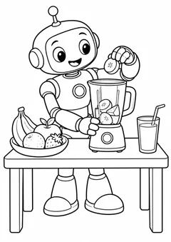 Robô fazendo suco de frutas numa bancada para colorir