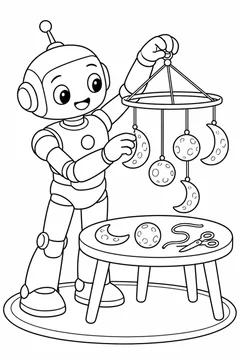 Robô montando um móbile de luas para colorir