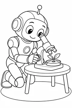 Robô observando um broto com microscópio para colorir