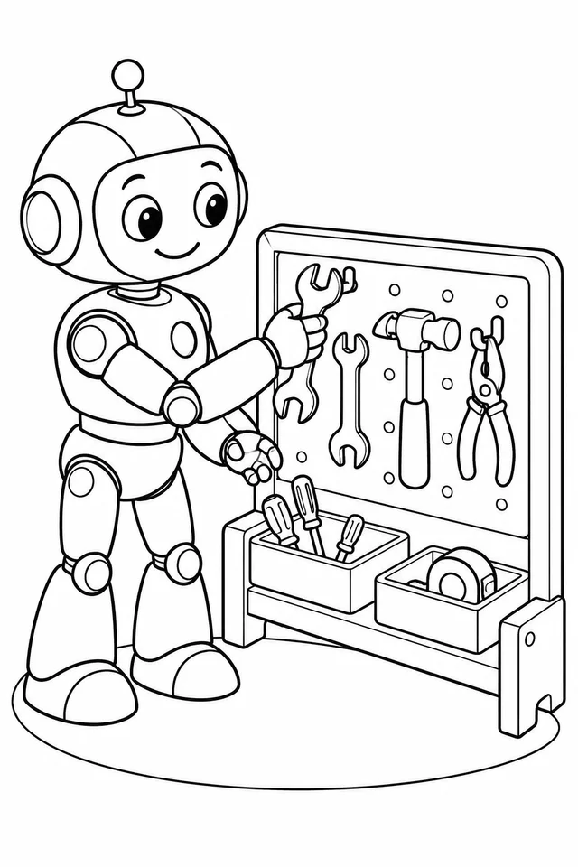 Robô organizando ferramentas num painel baixo para colorir